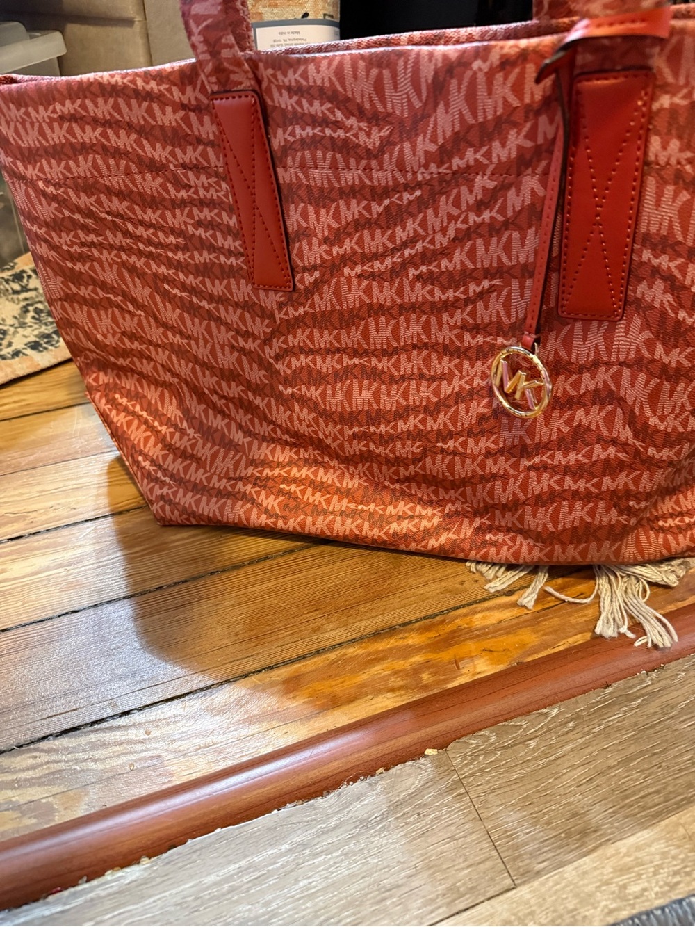 Michael Kors Coral-Red MK Logo Tote with Gold Accent - Picture 4 of 16